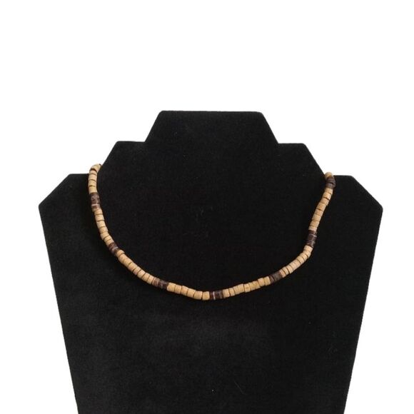Brown & Tan Wooden Beaded Single Strand Unisex Lightweight Choker Style Necklace - Picture 1 of 9